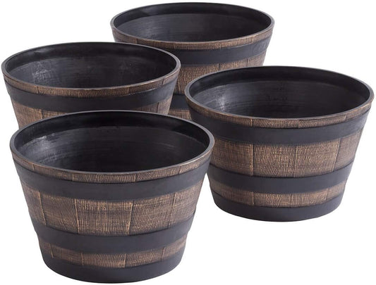 Fox Valley Traders Wood-Look Barrel Planters, Lightweight Durable Plastic, Outdoor Décor, Rustic – Measures 8” High x 13” Diameter