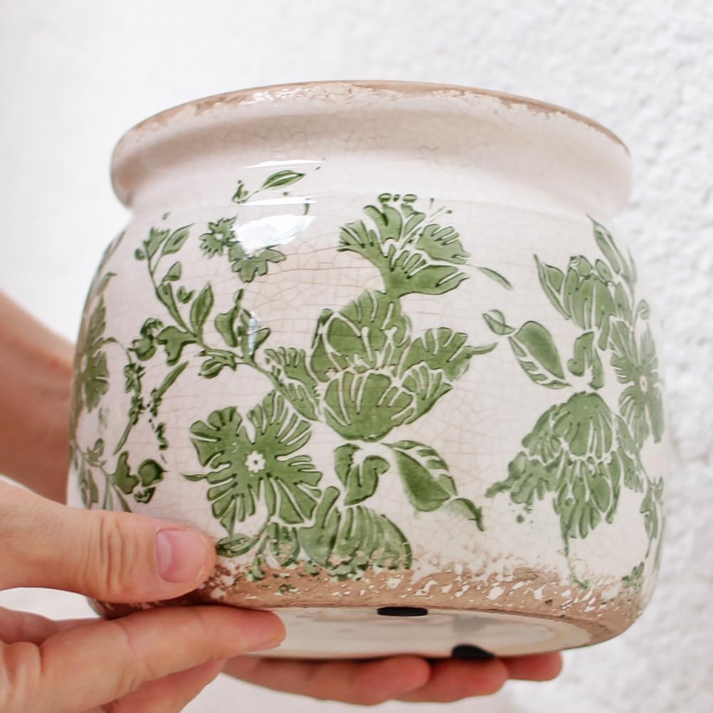 Plant Pots, Ceramic Planters for Indoor/Outdoor Plants, 6.29'' Flower Pots for Indoor Plants with Drainage, Vase & Planters, Vintage Indoor Plant Pots, Home & Fall Decor, Classic Green