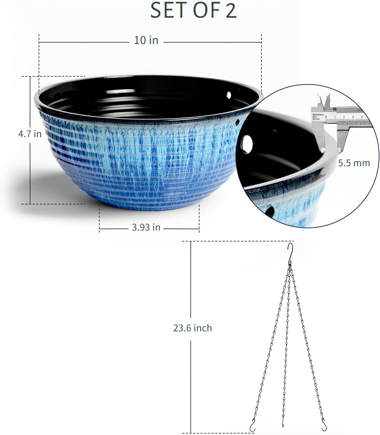 2 Pack Hanging Planters for Indoor Outdoor Plants, 10 Inch Hanging Planter with Drainage Hole & Plug Glazed Hanging Baskets Flower Pots for Garden Home (Blue Flow Glaze)