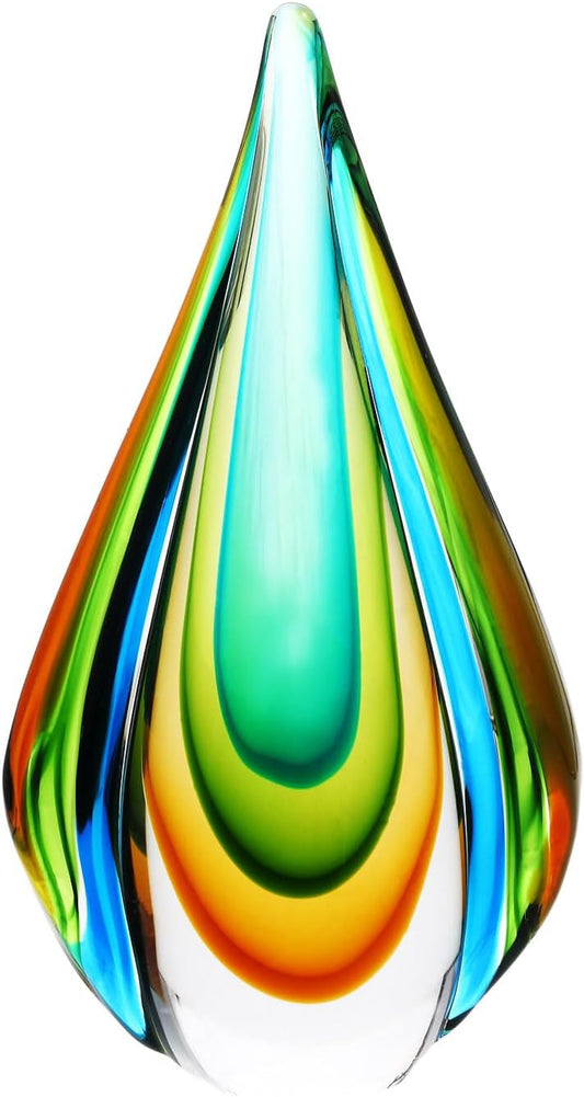 Luxury Lane Hand Blown Green Flame Teardrop Sommerso Art Glass Sculpture for Home Decor 10 inch Tall Centerpiece Table Decoration