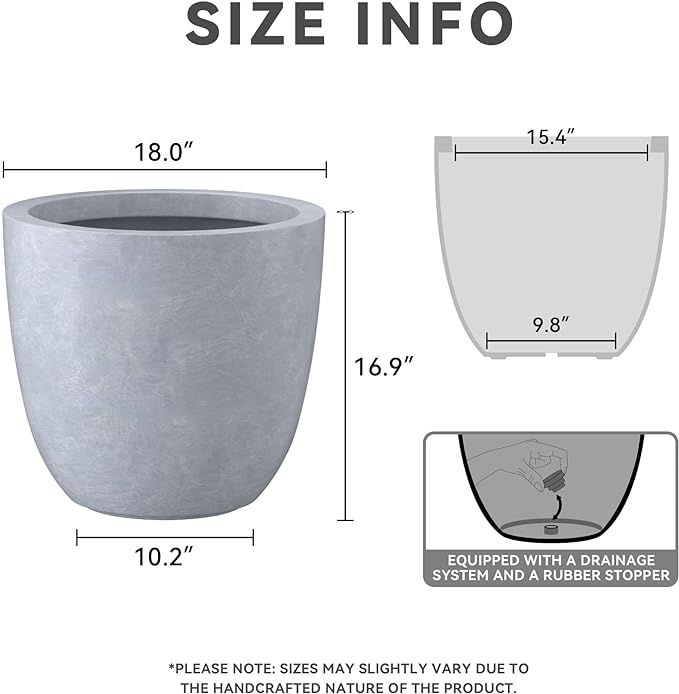 Kante 18 Inch Dia Round Concrete Planter, Indoor Outdoor Large Plant Pot with Drainage Hole and Rubber Plug for Home Patio Garden, Slate Gray