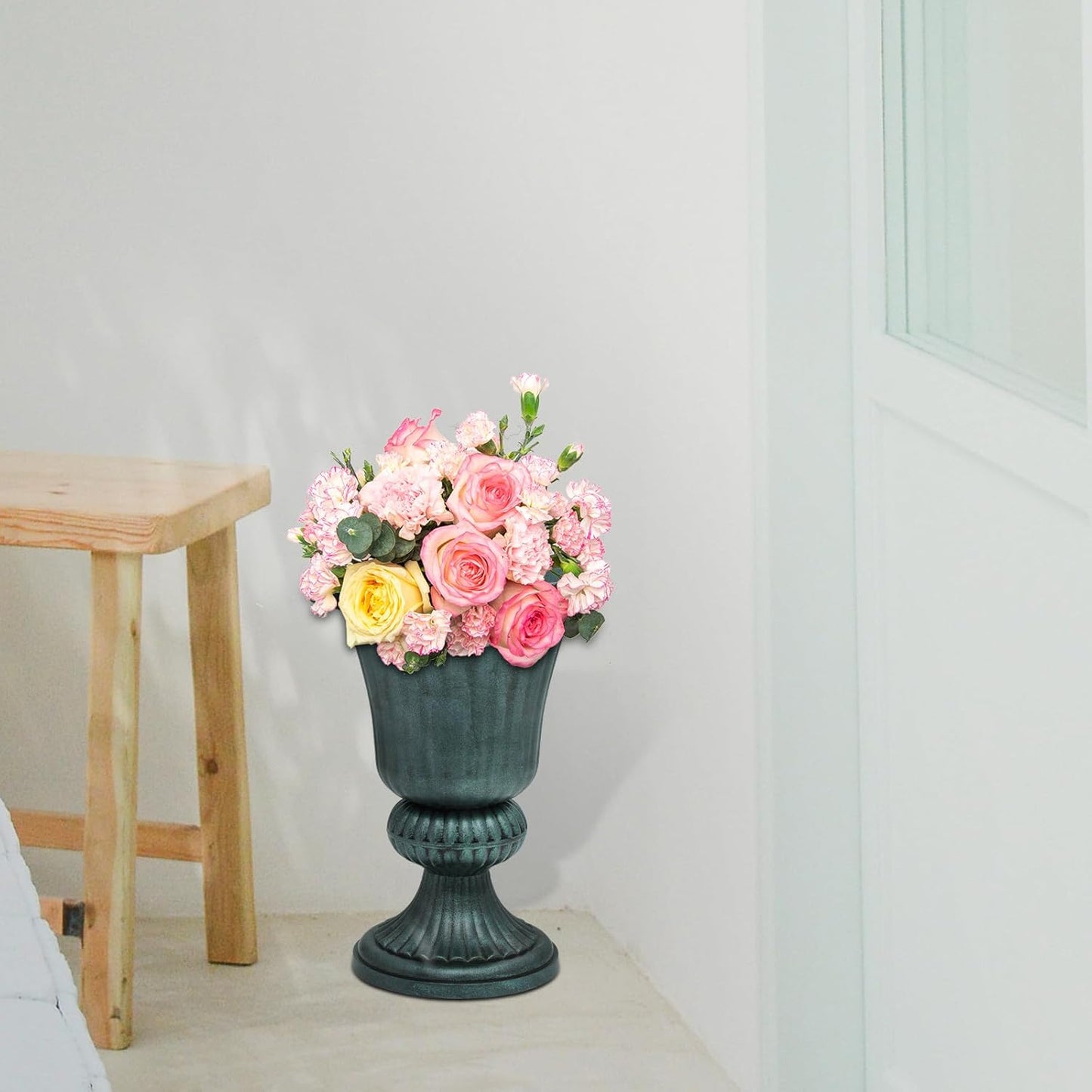 Athena Collection 20''H Garden Plastic Urn Vintage Tall Planter Urn Patio Large Flower Pot Porch Planter Large Planter for Indoor Outdoor Plant, Dark Green