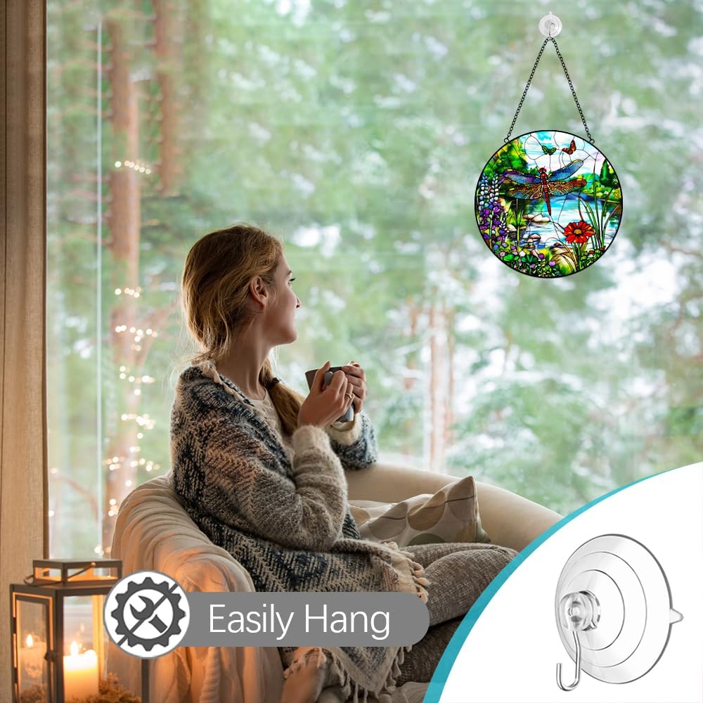 Dragonfly Suncatcher Stained Glass Window Hanging - 8″ Handmade Stained Glass Suncatchers for Windows Hanging - Sun Catchers Indoor Wall Art Catcher for Home Garden Decor -Birthday Gift for Women Men