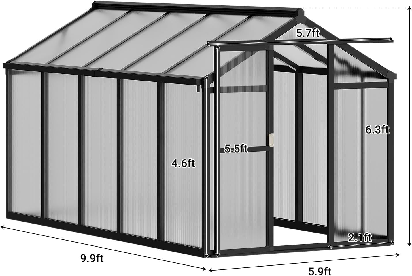 6x10 FT Greenhouse, Easy Assembly Aluminum Polycarbonate Greenhouses for Outdoors with Roof Vent, Large Aluminum Walk-in Greenhouse for Sunroom Patio, Backyard, Garden, Sliding Lockable Door, Black