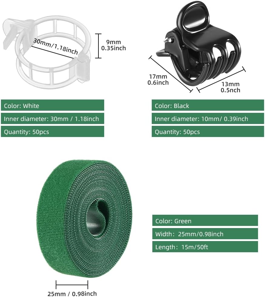 Plant Clips Plant Ties Set, 50 FT Reusable Plant Ties and 100 PCS Support Clips for Climbing Plants Orchid Flower Stems Vines Tomato, Garden Plant Support Cables for Indoor OutdoorPlants