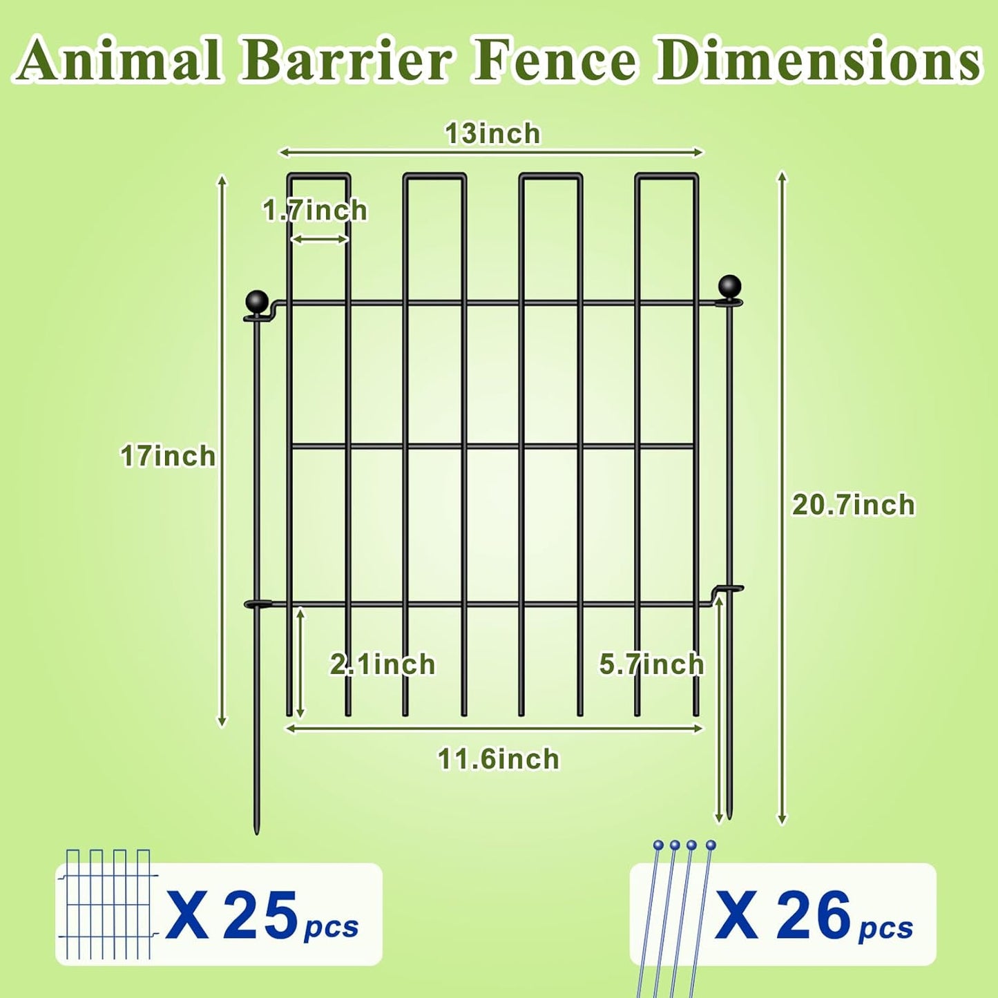 Animal Barrier Fence, 25 Panels Garden Fence Animal Barrier, 27 ft(L)×17 in(H), No Dig Fences for Dogs and Rabbits, Rustproof Metal Garden Fencing, Under Fences Border Barrier for Outdoor, Yard, Patio