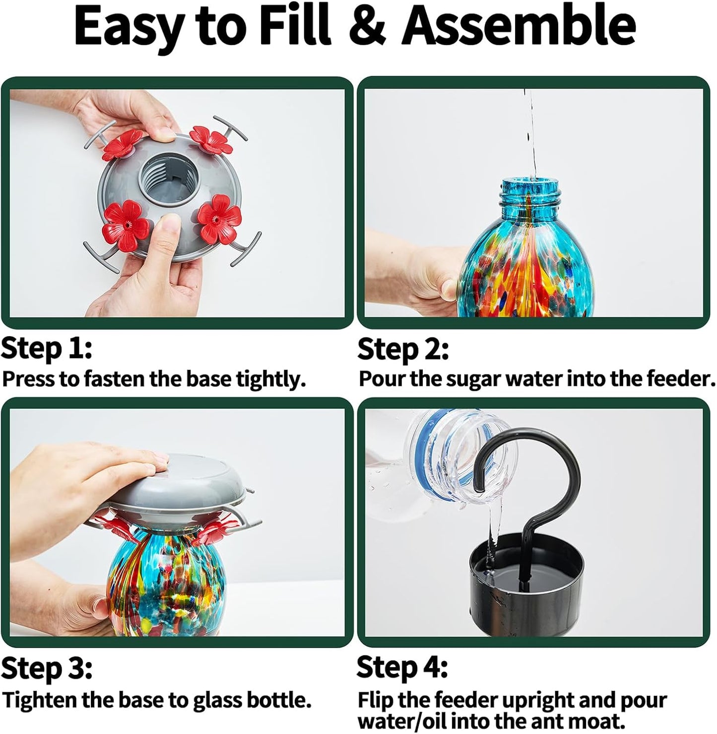 Muse Garden Hand Blown Glass Hummingbird Feeder - 19OZ Plastic Base Humming Bird Feeders for Outdoors Hanging, Garden Decor Gifts for Bird Lovers, Blue Fireworks