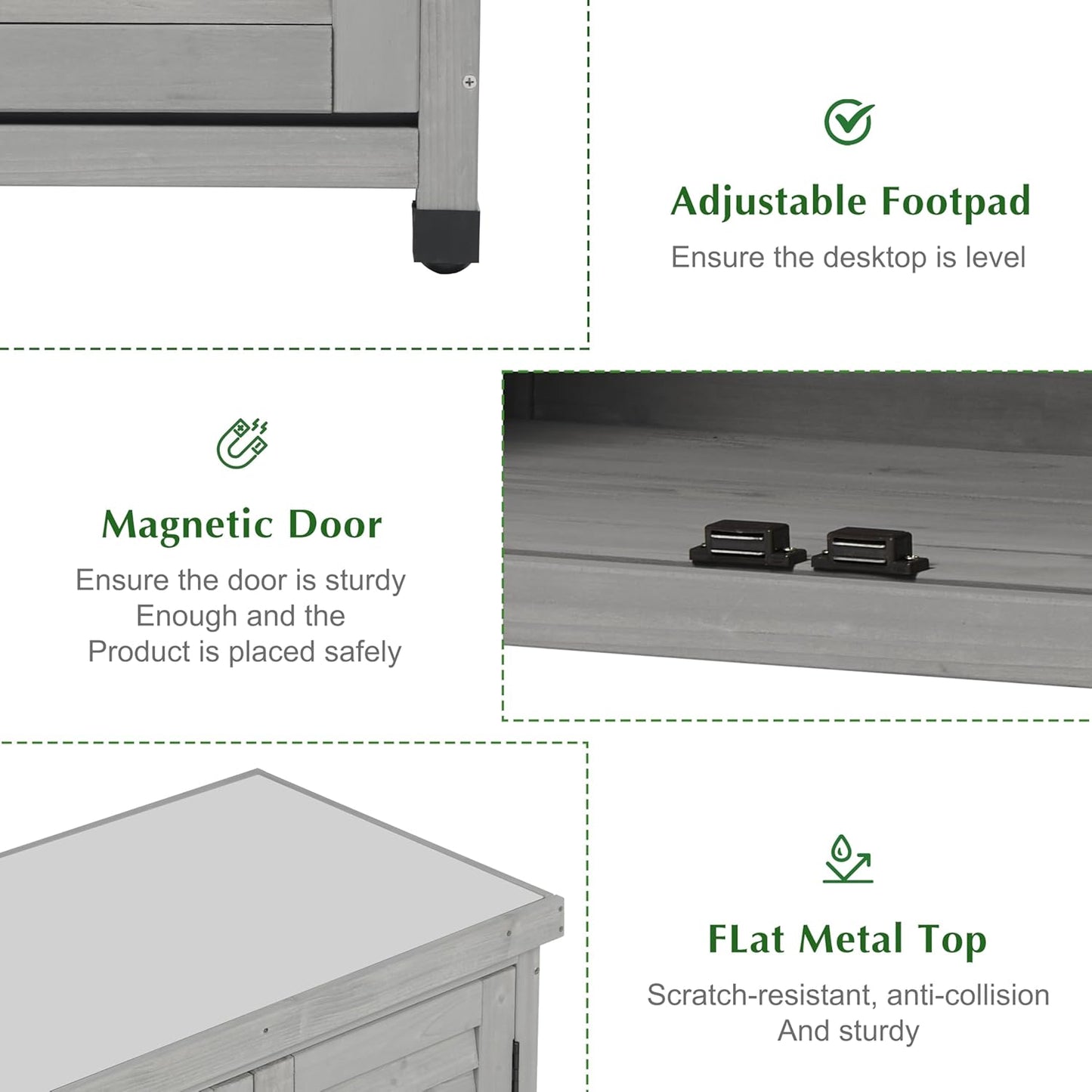 Outdoor Storage Cabinet & Potting Bench Table with Metal Top, Wooden Patio Furniture, Garden Workstation (Accent Grey, 36x31x17in)