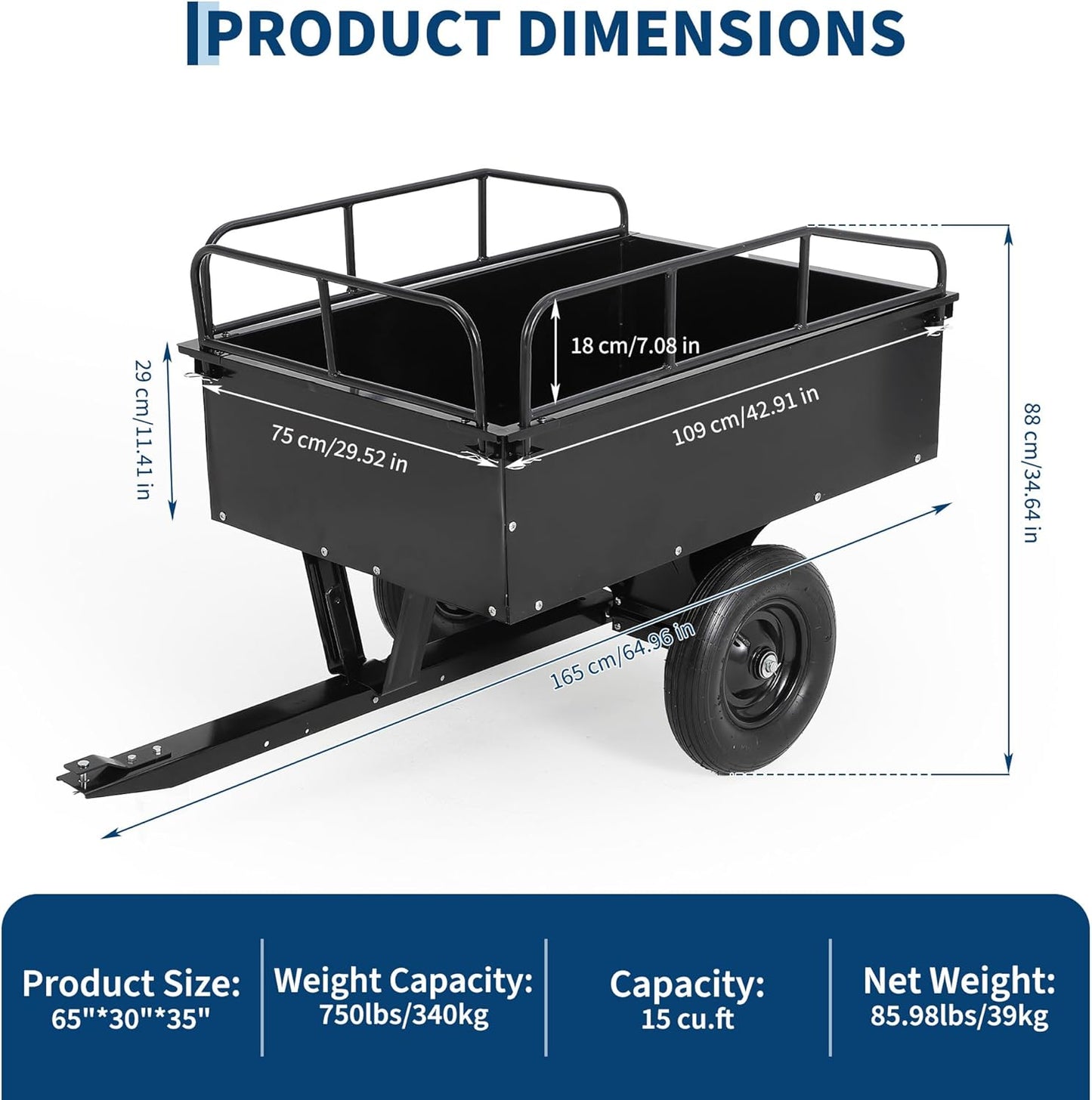 ATV Trailer Dump Cart Pull Behind, 750 LB Capacity, 15 Cu.Ft, Heavy Duty Steel Utility Trailer for Lawn Tractor with Raised Side Rails, Lawn Carts Tow Behind for Garden Yard, Black