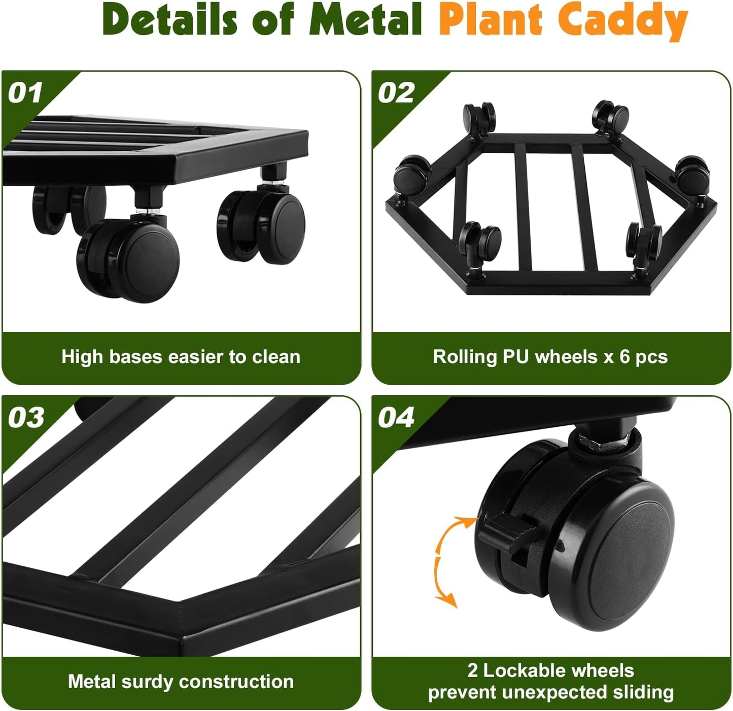 1 Pack 13 inches Large Metal Plant Caddy with Wheels Rolling Plant Stands Heavy-duty Wrought Iron Plant Roller Movers Indoor Outdoor Wheeled Plant Dolly with Casters Tray Coaster, Hexagon black