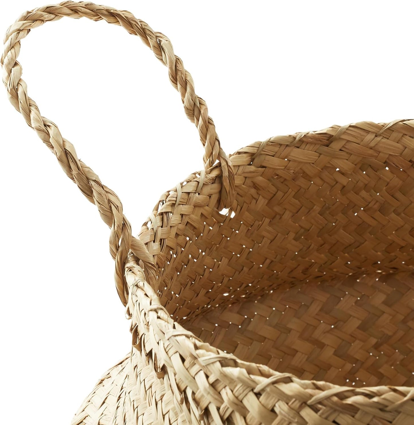 Casafield Seagrass Belly Storage Basket Planter with Handles - Large, Natural Woven Wicker Indoor Plant Pot Cover for Plants and Trees