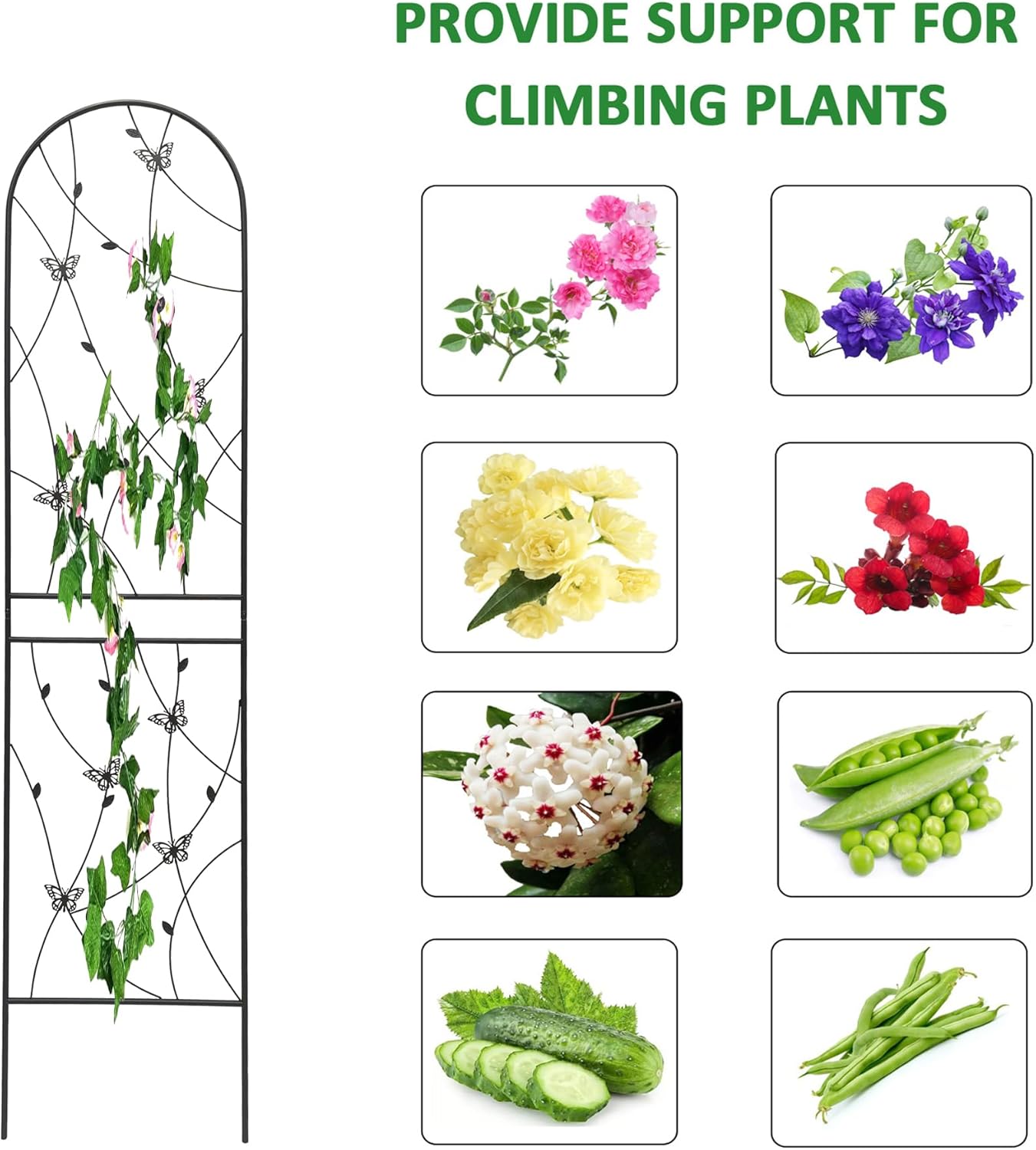 4 Pack Metal Garden Trellis for Climbing Plants, 71" Tall Rustproof Outdoor Trellis Panel with Butterfly Design, Decorative Black Iron Plant Support for Vine, Rose, Flower, Garden Wall