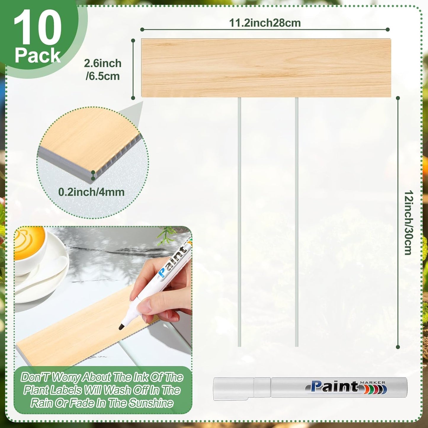 10 Set Jumbo Outdoor Plant Label Stakes Waterproof Nursery Garden Markers Plastic T Type Plant Tag Identification Stake with Marker Pen for Herb Vegetable Flowers, 12" High(Wood Color)
