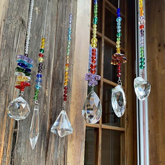 H&D HYALINE & DORA Colorful Crystals Glass Pendants Chandelier Suncatchers Prisms Hanging Ornament Octogon Chakra Crystal Pendants for Home,Office,Garden Decoration,Pack of 6