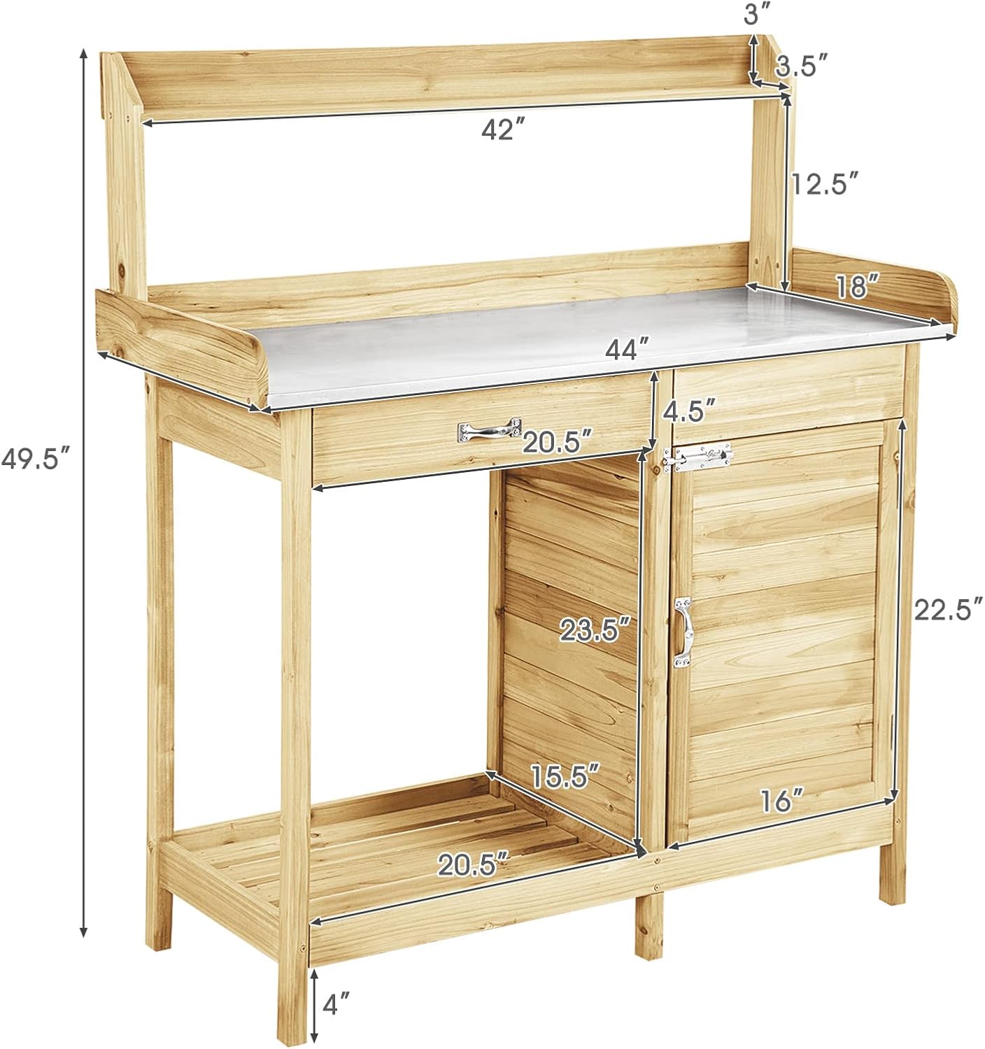 S AFSTAR Outdoor Potting Bench Table, Wooden Garden Work Station with Drawer, Storage Cabinet, Open Shelf, Side Hooks, Metal Tabletop Gardening Workbench, Potting Benches for Outside Backyard Balcony