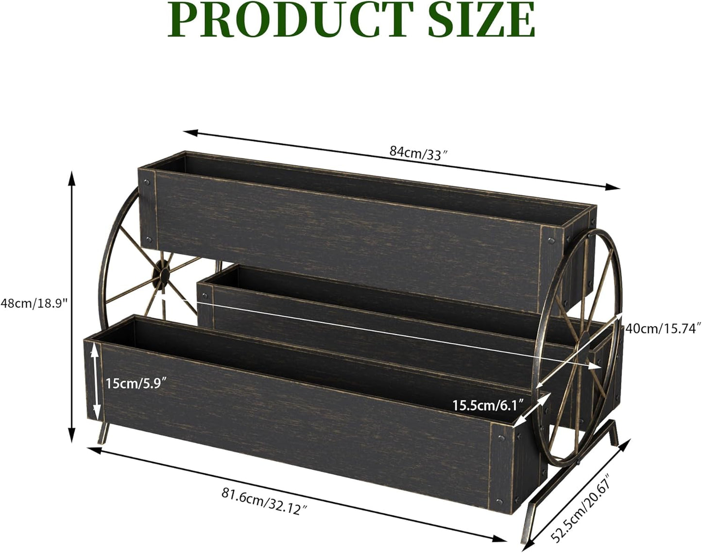 Metal Wagon Planter Box, 3-Tier Garden Planter with Wagon Wheels, Decorative Outdoor Planters for Flowers Herbs Vegetables, Flower Cart Small Raised Garden Bed for Patio, Balcony (Retro Gold)