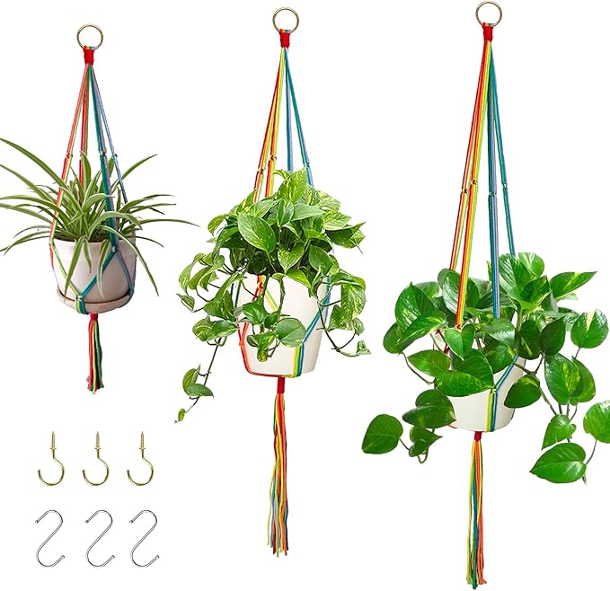 Rainbow Macrame Plant Hangers Indoor Outdoor, 3 Pack Different Size Flower Pot Holder Hanging Plant Holder for Windows Garden Boho Home Decor