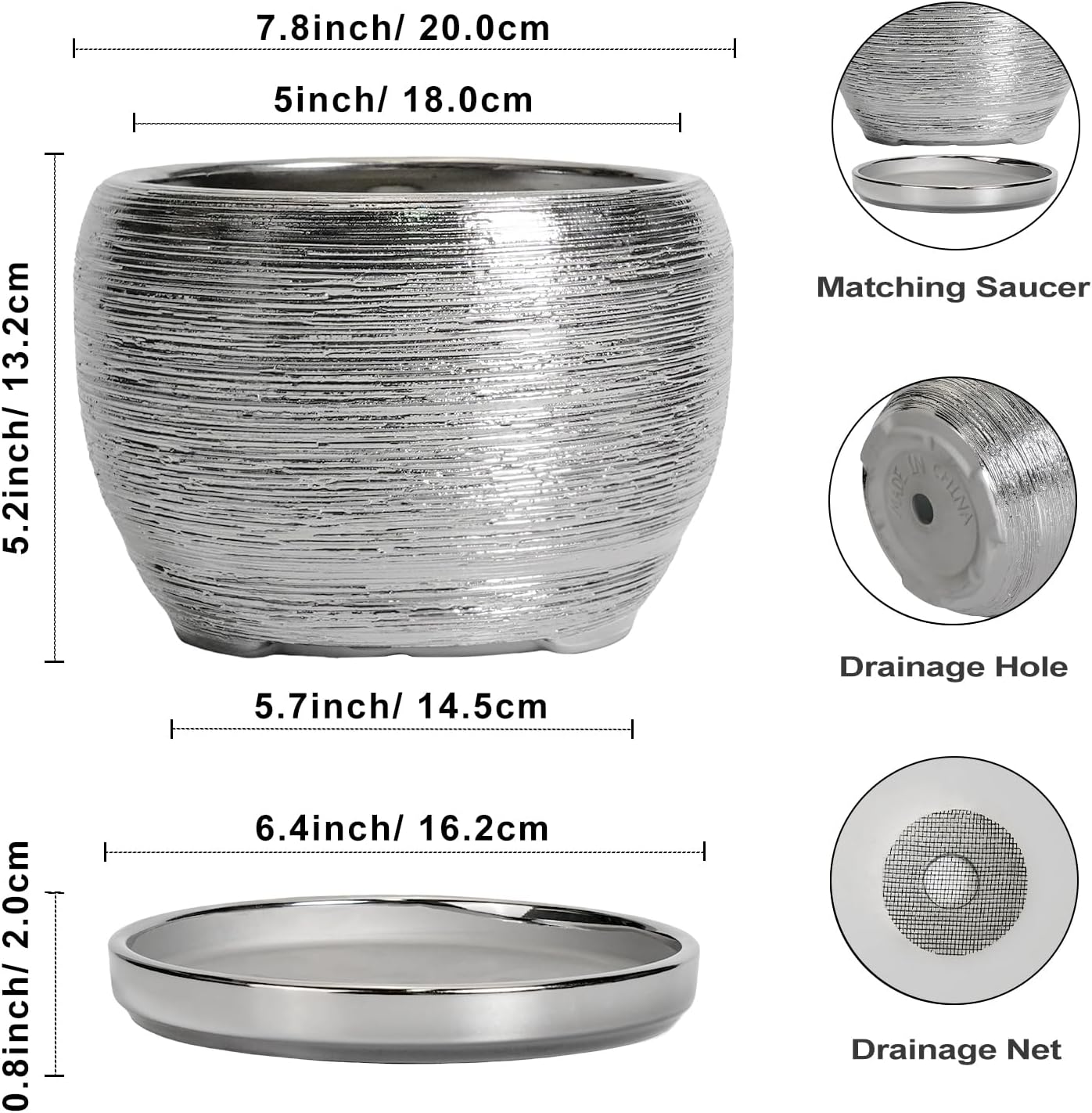 SQOWL Ceramic Pot for Plants - 8 Inch Planter with Drainage Hole and Saucer, Round Planter Indoor Outdoor, Modern Decorative Flower Pot, House Decor, Gifts for Plant Lovers, Silver