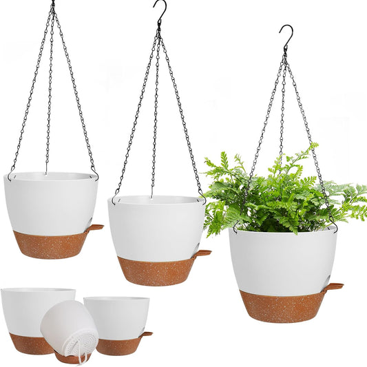3 Pack Hanging Planter Indoor Outdoor Flower Pots 7/6.5/5 Inch, Self-Watering Hanging Pot with Drainage Holes Hanging Baskets Holder Plant Pots for Garden (White)