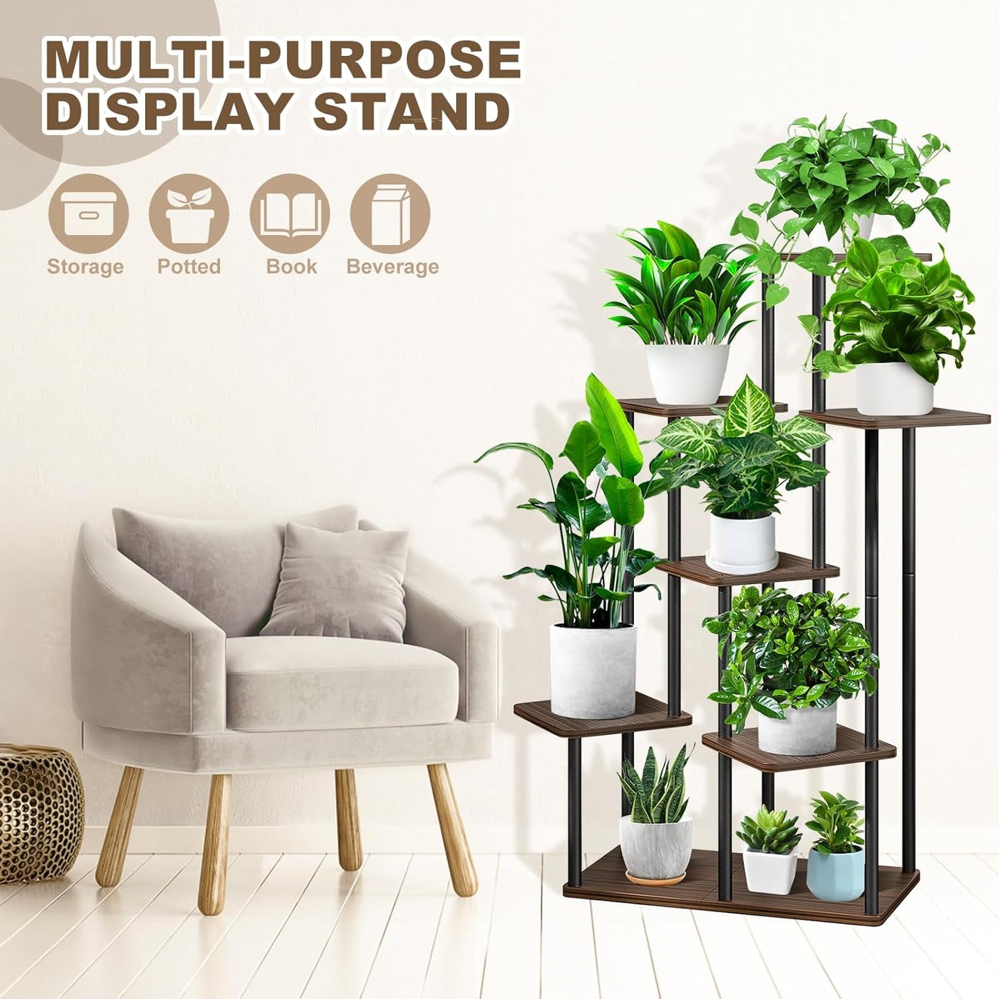 7 Tier Wood Tall Plant Stand Metal Rack Indoor, Multiple Flower Pot Holder Shelves Corner Rack, Planter Shelf Display Rack Storage Organizer for Patio Living Room Balcony Garden(Black Oak)