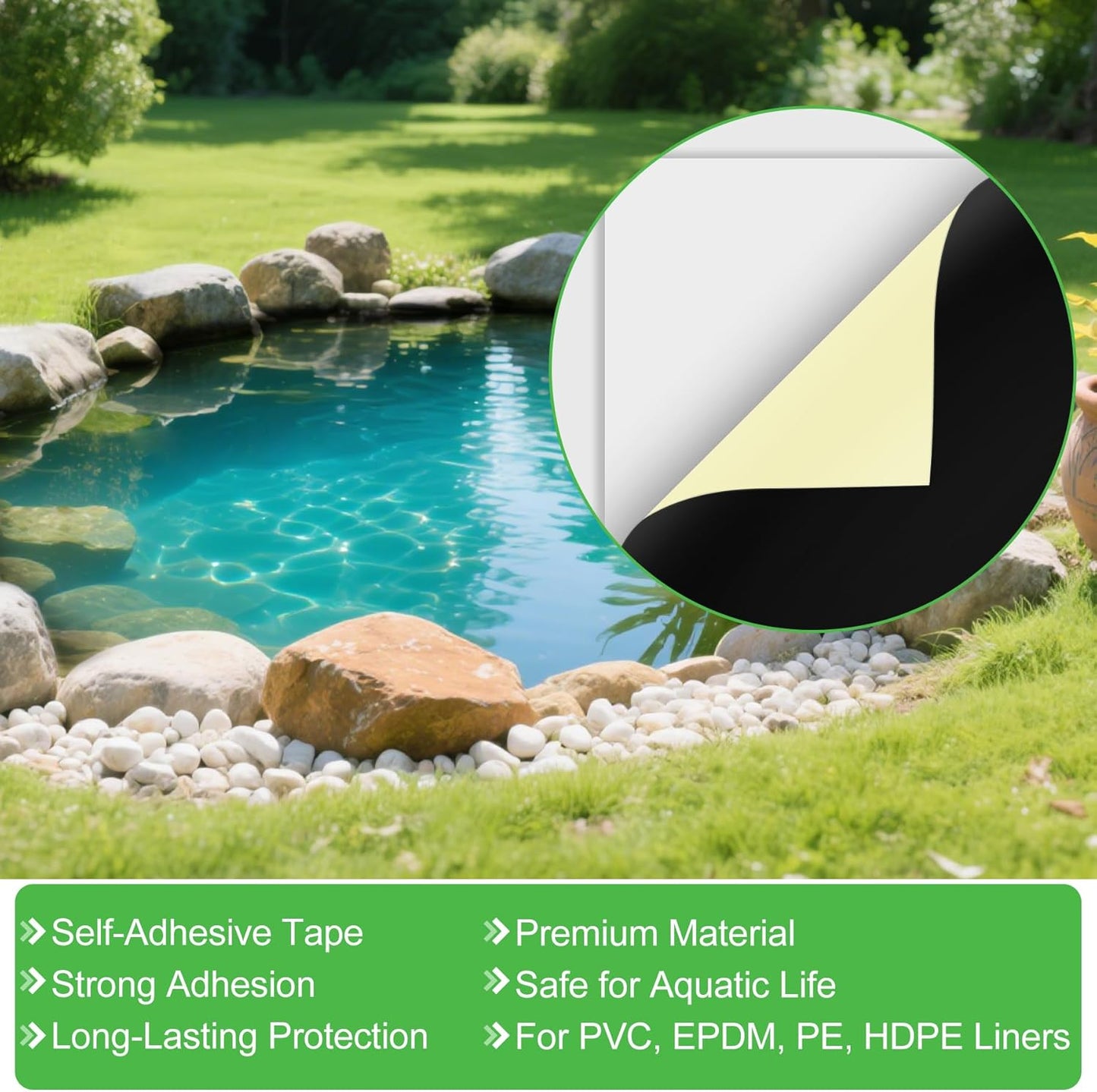 ToLanbbt 2PCS Pond Liner Repair Patch, 8'' x 8'' Self Adhesive Waterproof EPDM Liner Repair Patch Kit Thickened Rubber Pond Seam Peel and Stick Seam Kit for EPDM Garden Cover