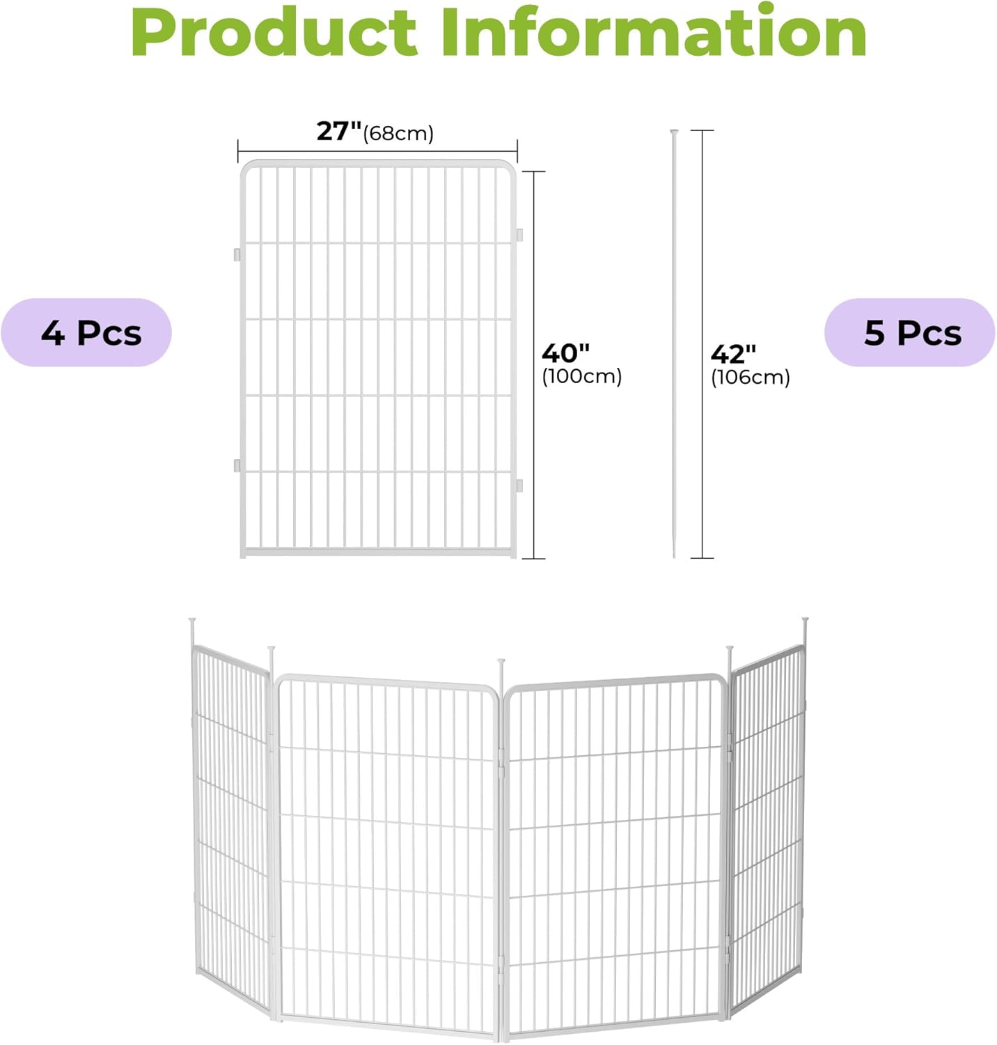 Doorless Garden Fence 40 in(H) x 8.9 ft(L) 4 Panels, Heavy Duty Metal Animal Barrier Fence, No Dig Fence for Dogs, Rabbit Fence for Garden, White