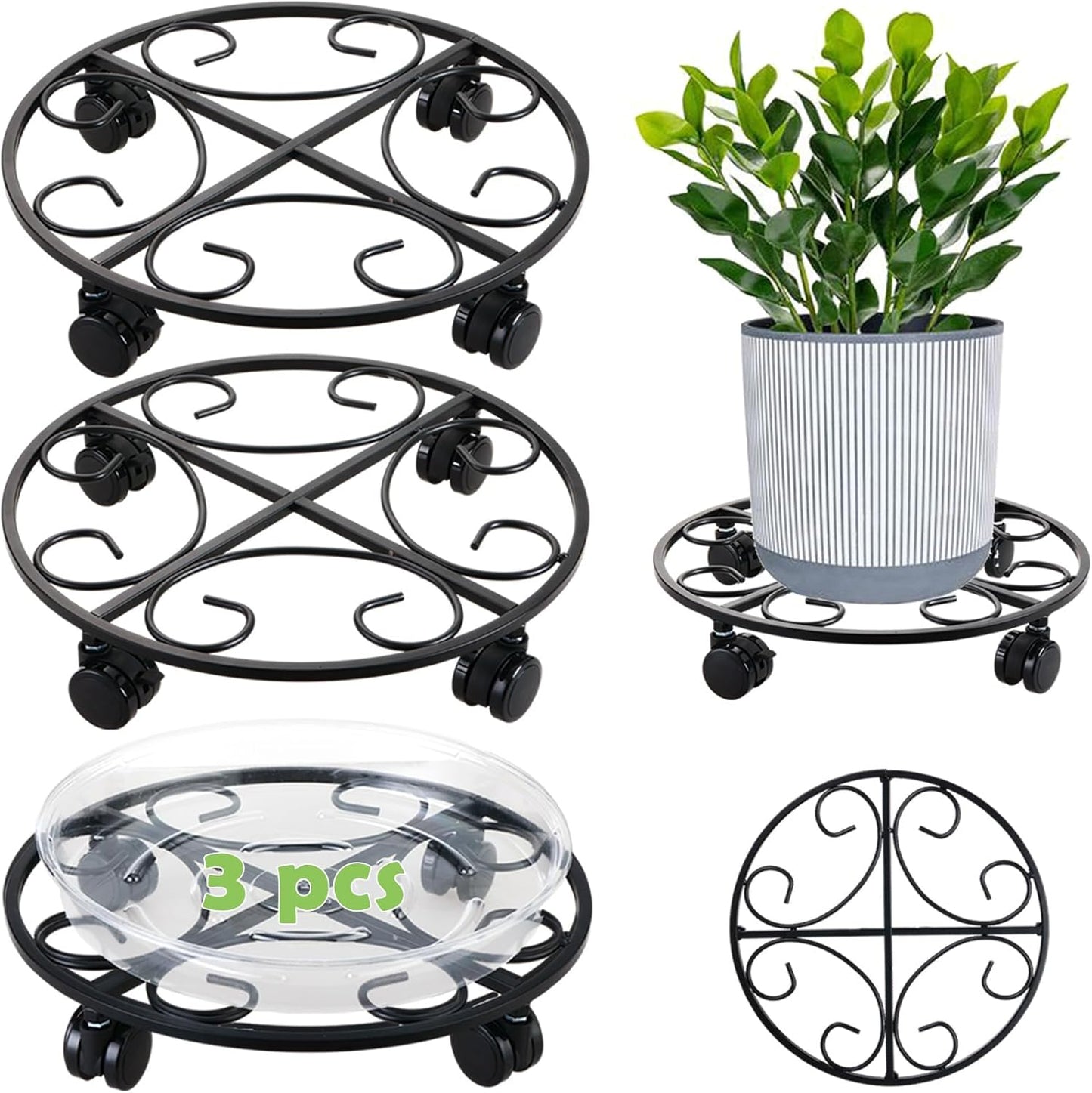 3 Packs 13.5" Metal Plant Caddy with Wheels Large Rolling Plant Stands Indoor Wheeled Plant Dolly Heavy-duty Planter Mover Roller Base Outdoor Plant Trolley Cart Water-proof, Plant Saucers on Wheels
