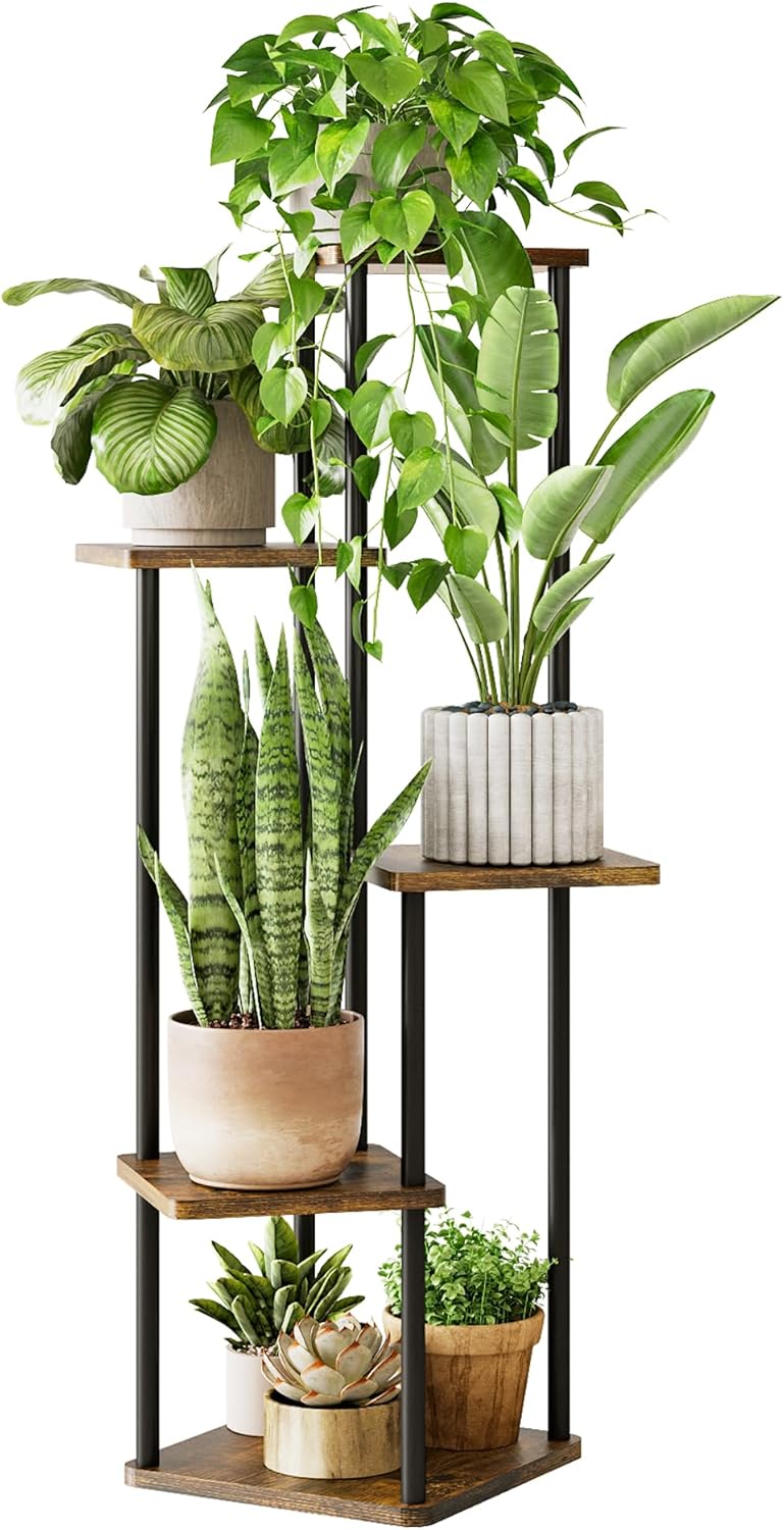 Tall Plant Stand Indoor 5 Tiered Plant Shelf for Multiple Plants Coner Shelf Stand Wood Plant Stand Metal Shelving for Living Room Bedroom Balcony Patio Brown Oak