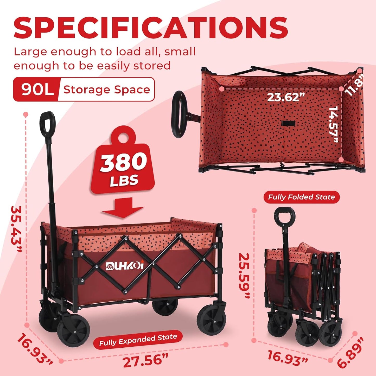 Collapsible Wagon Cart with Wheels Foldable,11 Lbs Lightweight Portable Folding Utility Wagon,90 L Heavy Duty Grocery Shopping Carts,Versatile for Garden Sports Camping Outdoor Use (Brick Dot)