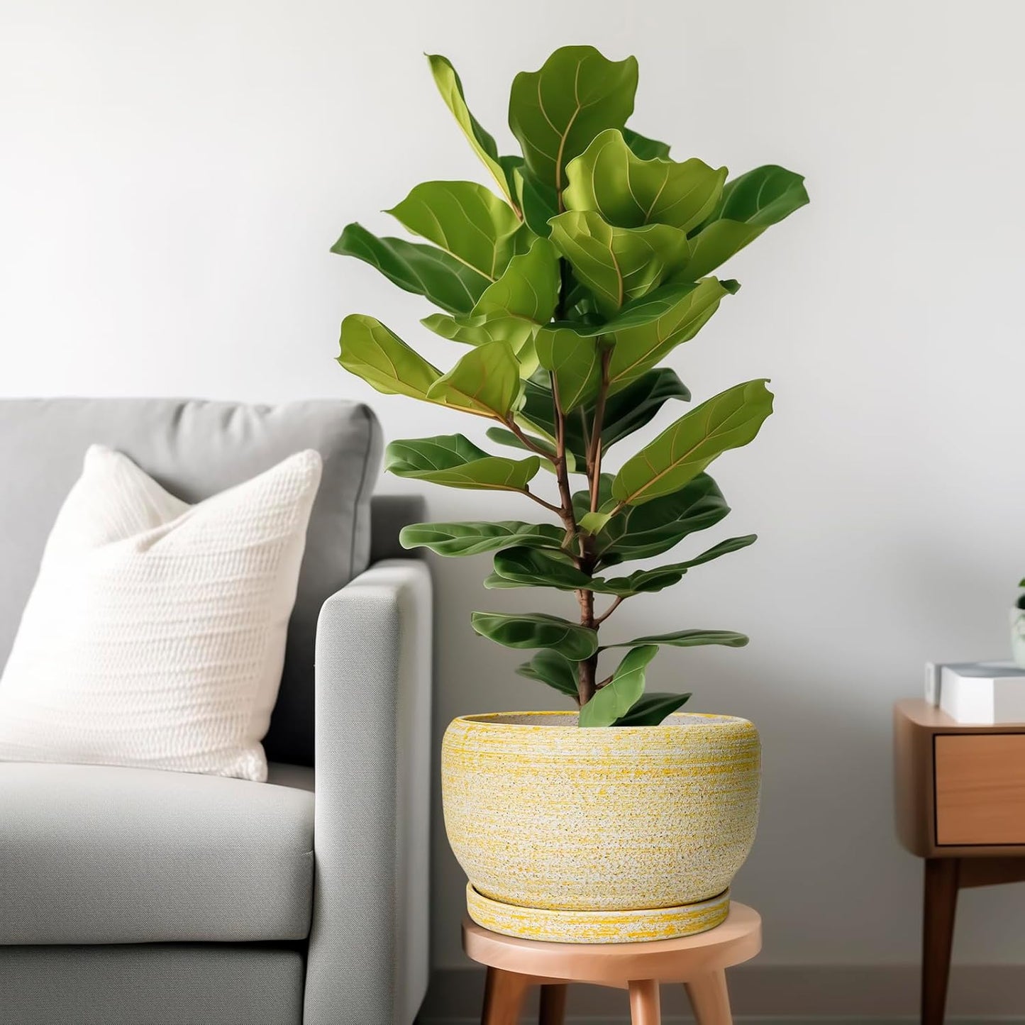 SQOWL Ceramic Planters for Indoor Plants - 10 Inch Plant Pot with Drainage Hole and Saucer, Round Ceramic Flower Pot Outdoor, Decorative Large Planter, Office Decor, Gifts for Women Men, Yellow