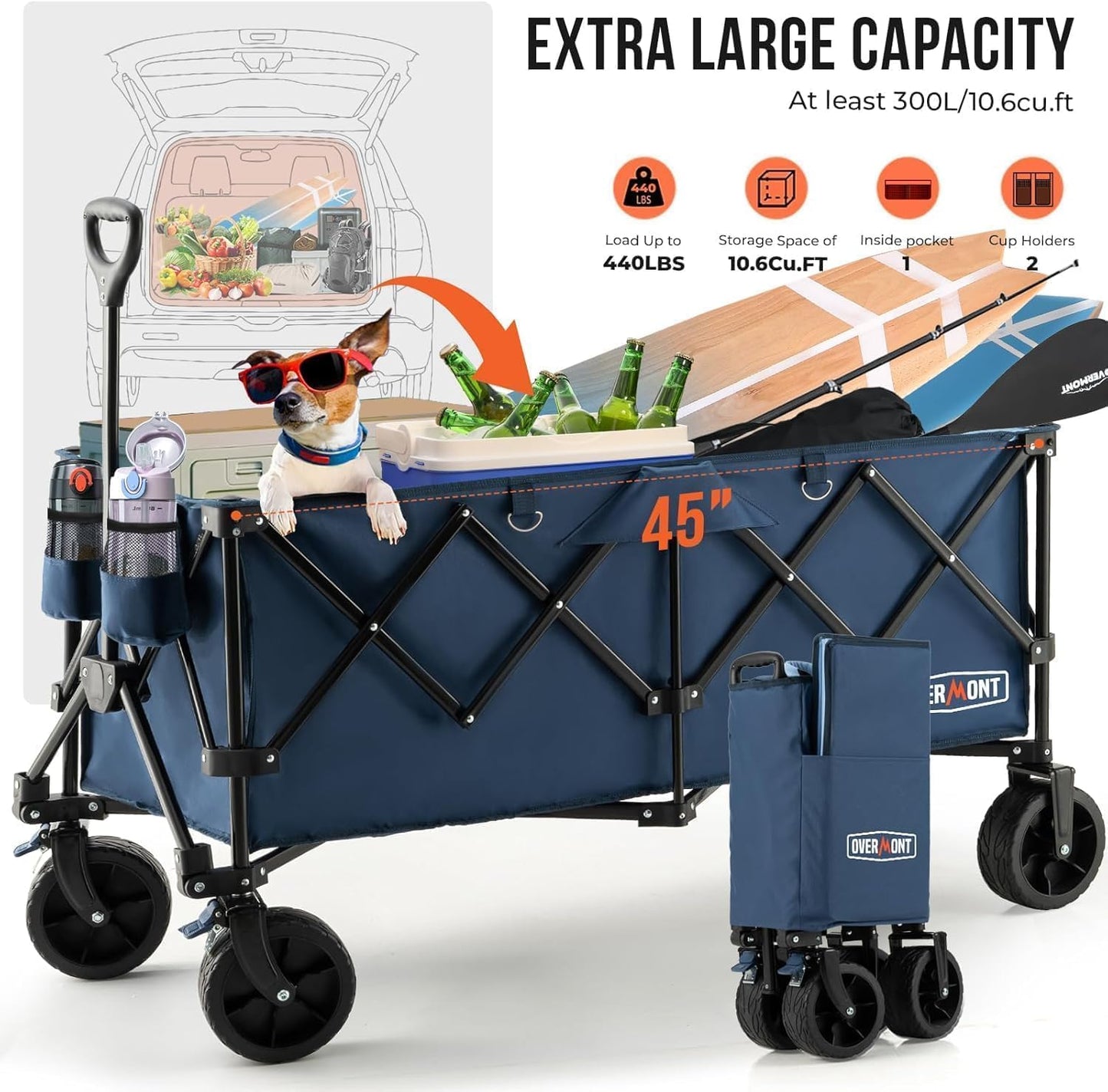 Overmont 45'' Collapsible Foldable Extended Wagon Cart - 300L Heavy Duty 440lbs Large Capacity Folding Utility Wagon with All-Terrain Wide Wheels for Camping Sports Grocery Picnic