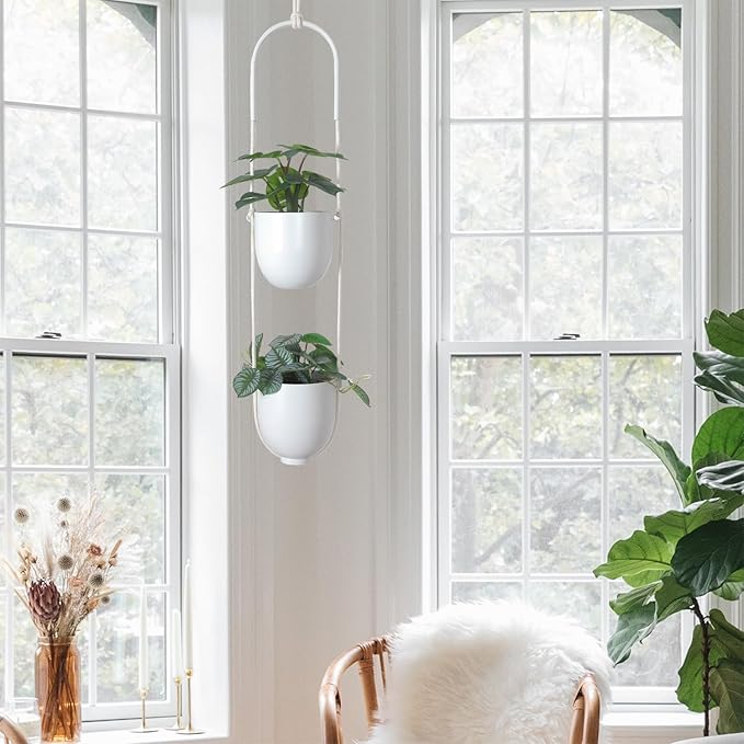 Hanging Planters 2 Tiers Metal Plant Hangers for Indoor Outdoor Plants Wall Ceiling Hanging Flower Pot Basket Holders Kitchen Room Decor(White)