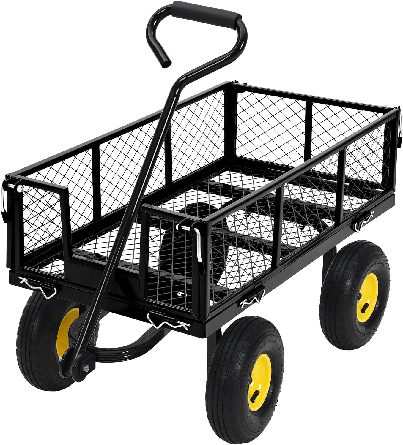 Steel Garden Cart on Wheels, 880LBS Pullable Metal Garden Wagon, 180° Rotating Handle and Removable Sides for Outdoor, Farm, Yard, Beach