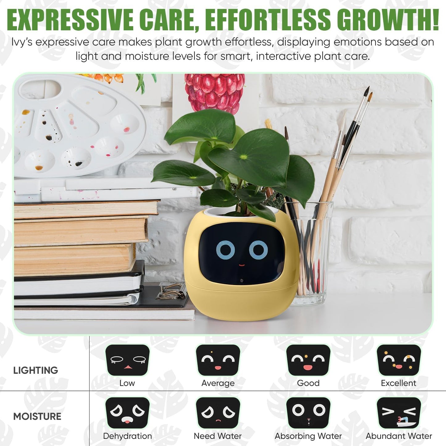 Interactive Plant Pot – Smart Planter, AI Pet Plantagotchi, tamagotchi, Leafypod and Plantiboy, Robot Flower with Feelings, Electric Maceta, Indoor Flowerpot with Water, Digital Gifts (yellow)
