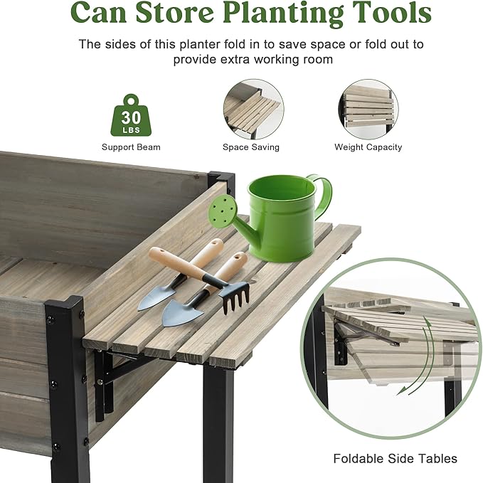 Raised Garden Bed, Metal Leg Wood Planter Boxes with Folding Storage Shelf,Elevated Planter Box for Growing Fresh Herbs, Vegetables, Flowers Great for Outdoor Patio, Deck, Balcony（Gray）