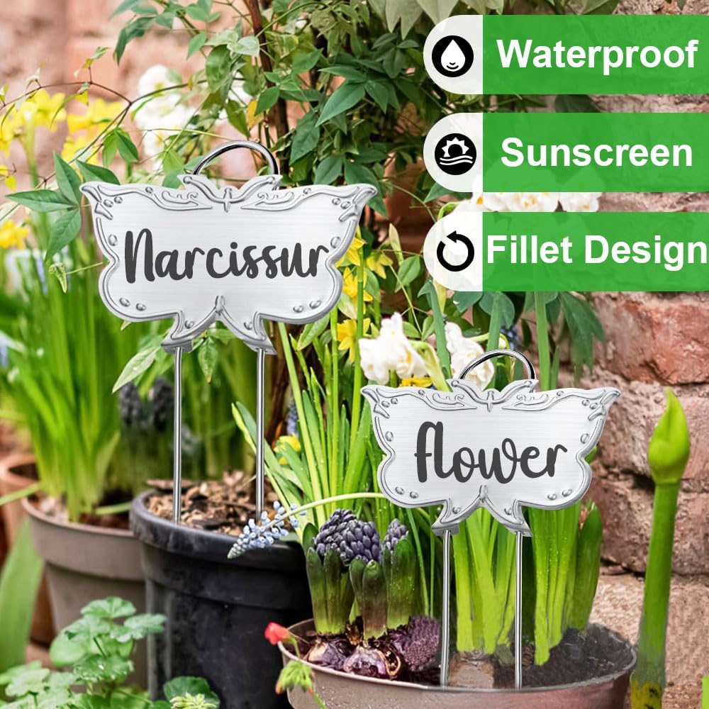 Metal Plant Labels, Tall Outdoor Butterfly Garden Markers for Flowers, Fruits and Vegetables, 304 Stainless Steel Weatherproof Signs (25 Packs, 4" x 2.3", Silver Butterfly Design)