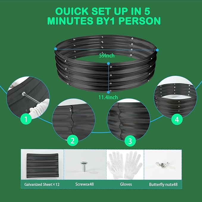 Durable Round Galvanized Steel Raised Garden Bed for Planting,Round Galvanized Steel Fire Ring/Fir Pit for Outdoor- 5×5×1FT,0.8MM Thick(Black, 60 ins Diameter x 12 ins high)