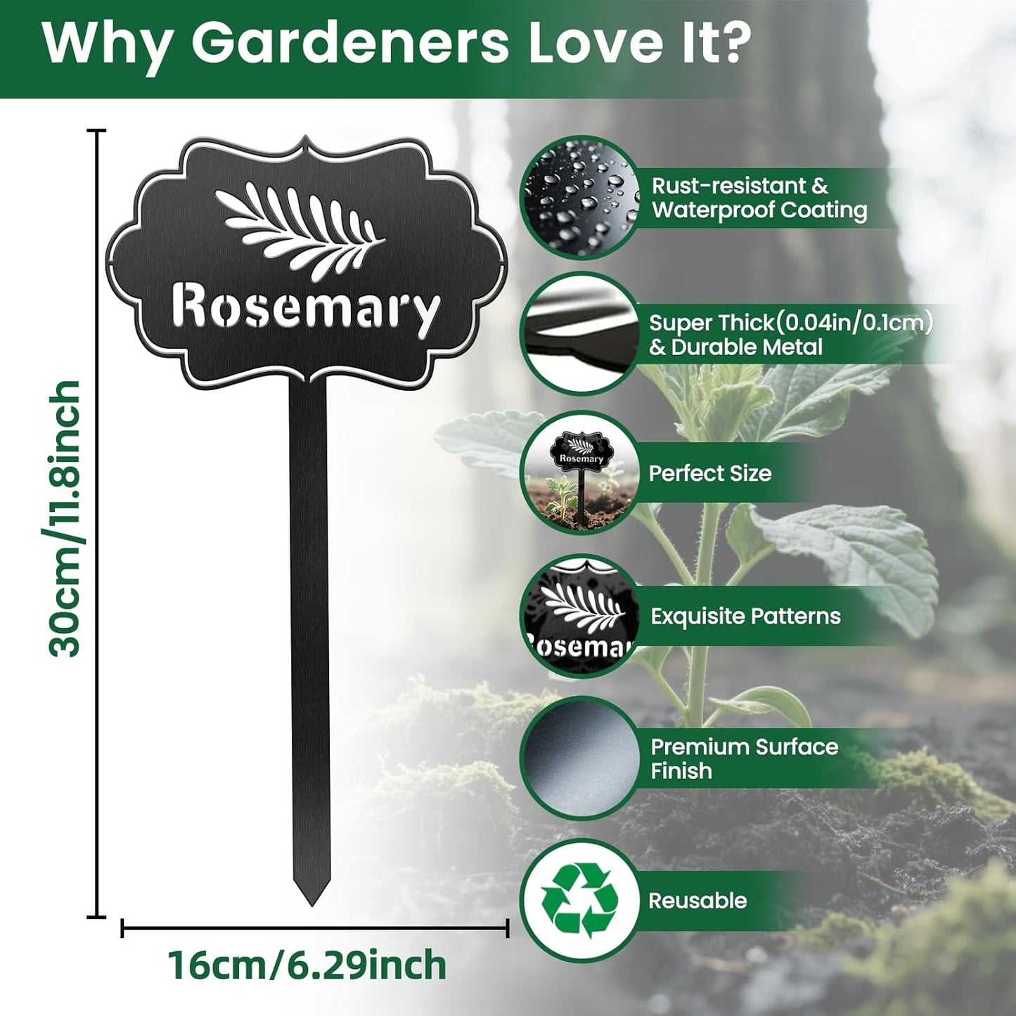 CUTHOLLOW Metal Plant Marker Stake Rosemary for Outdoor Indoor, Waterproof 11.8 inch Cute Garden Plant Labels Sign Tag for Vegetables, Farmhouse Greenhouse Decor - Funny Gardening Gifts