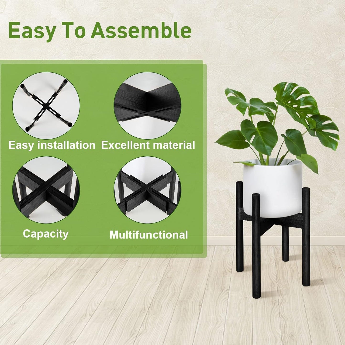 FJO 2Pcs Adjustable Plant Stand Indoor - Bamboo Plant Stands, Bamboo Mid Century Modern Plants Stands, Plant Holder for Living Room Fits 8 to 12 Inches Pots(Pot & Plant Not Included) (Black)