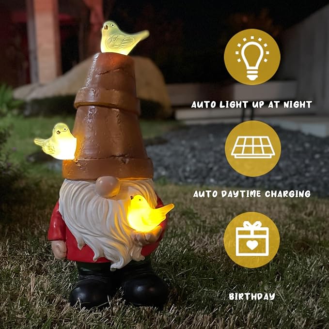 Solar Garden Gnome Figurine, Cute Resin Gnome Sculpture, Garden Gnome Statues Outdoor Decor, Funny Gnome Gift Sculpture Decoration for Home Patio Yard Lawn Porch Ornament