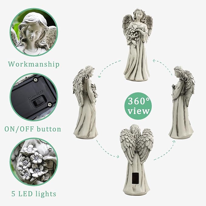 Solar Angel Statue for Outdoor, Angel Figurine with Resin, Outdoor Decor for Patio Lawn Yard Porch, Garden Gift