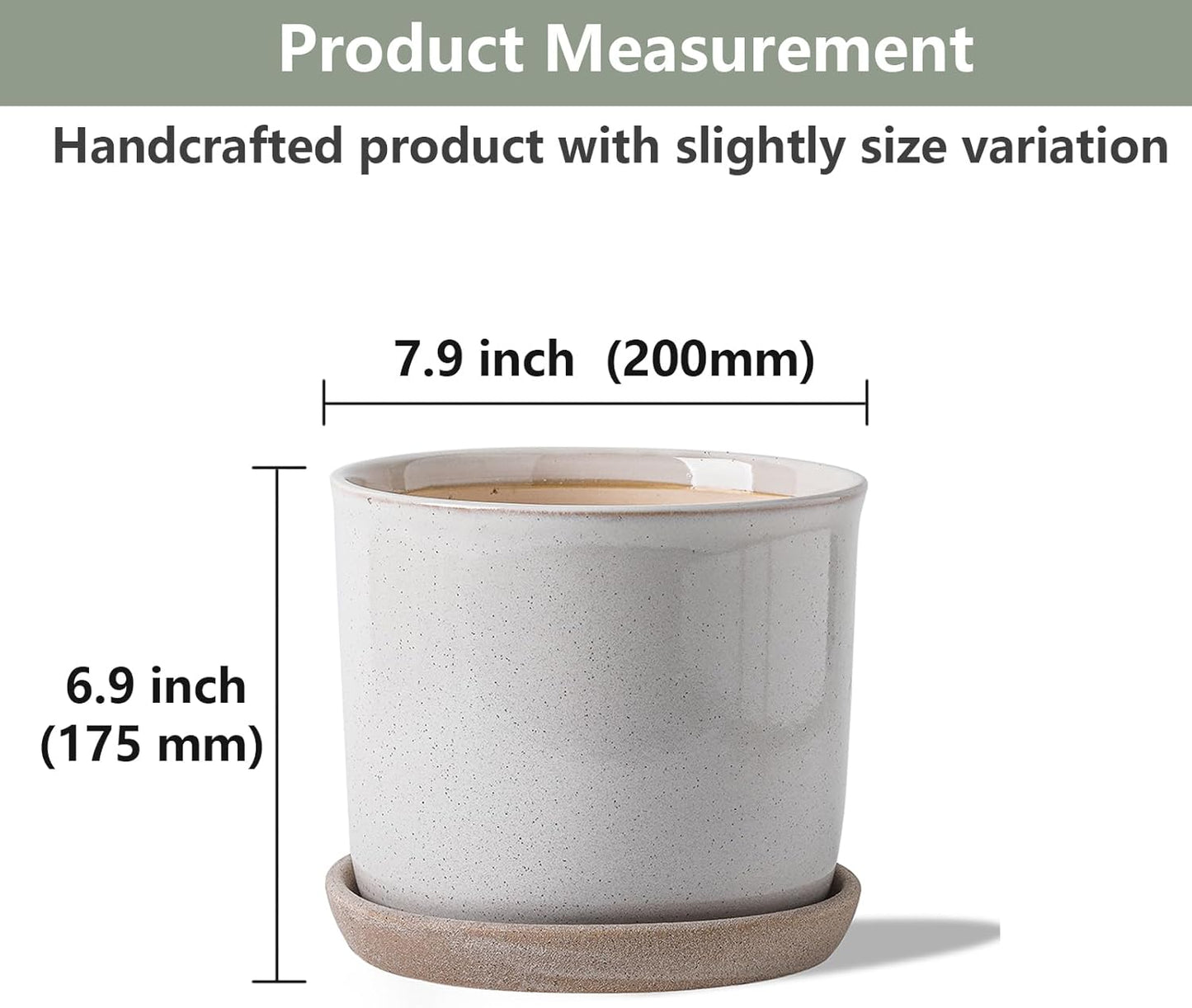 8 Inch Plant Pot: Ceramic Planter with Drainage Hole & Saucer for Indoor Outdoor Plants - Flowerpot with Bonded Tray for Home Office - Retro Style, Grey