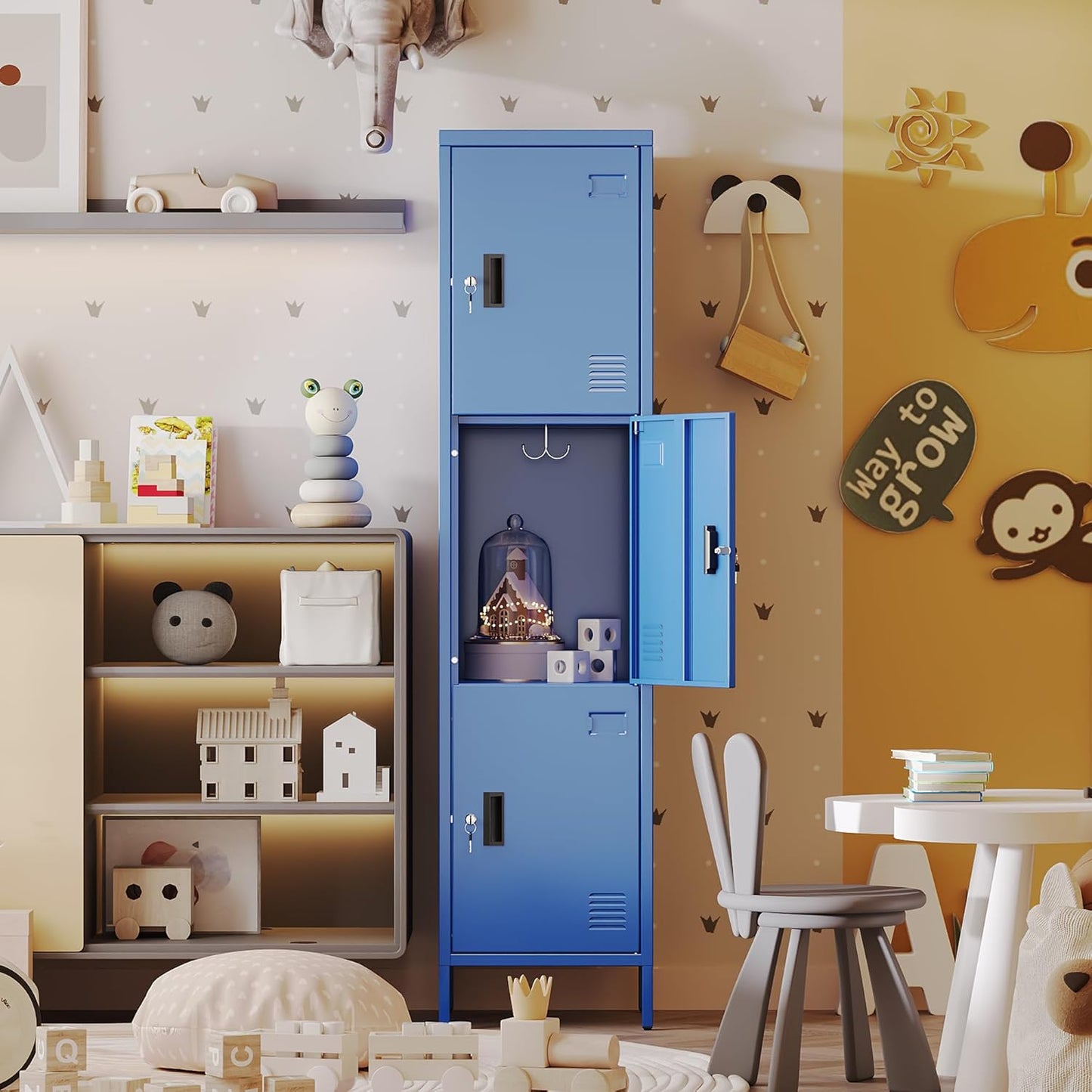 METAN Metal Storage Employees Lockers with 3 Lockable Doors and Hooks,66''H*16''W*16''D Locking Storage Cabinets for Small Spaces,Home,School,Gym,Assembly Required,Blue