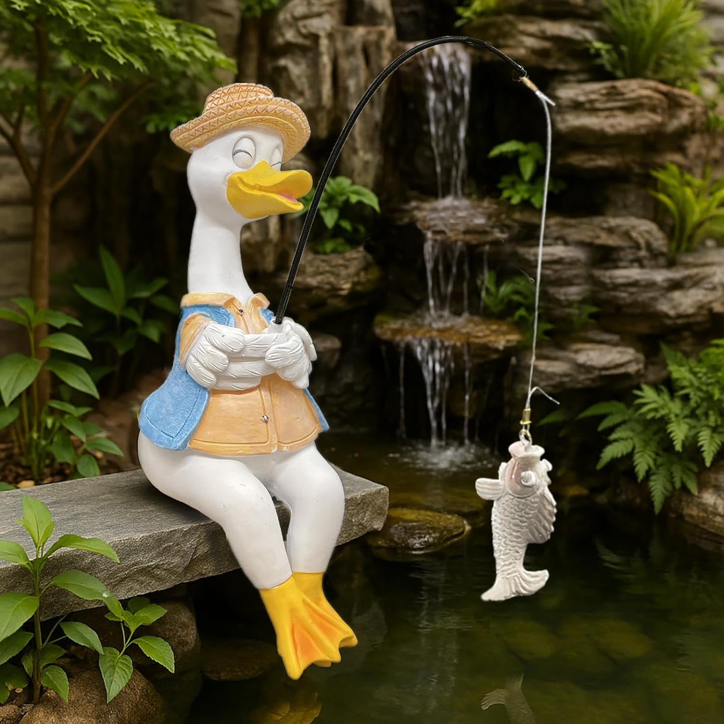 Duck Fishing Statue Garden Decor – 9.8" Weatherproof Resin Duck Fishing Sculpture Decor for Fish Ponds, Koi Ponds, Waterfalls, Poolside & Outdoor Gardens– Resin Figurine for Indoor & Outdoor Décor