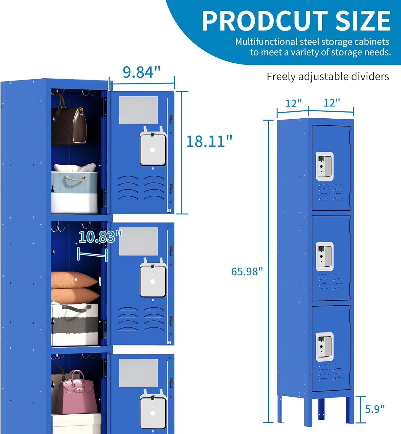 Metal Locker for Employees 66" H Tall Storage Lockers with Lock and Mirror Gym Locker Cabinet with 3 Doors Steel Wardrobe for Office Home School Staff Assembly Required