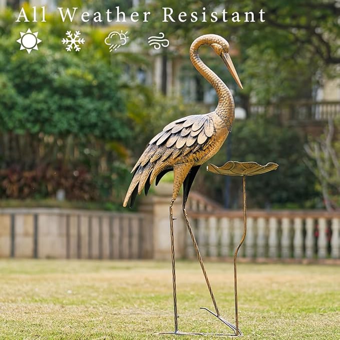 Large Heron Garden Statue, 42'' Crane Outdoor Statue with Birdbath, Crane Metal Yard Art for Porch Backyard Patio Lawn Decor (Golden)