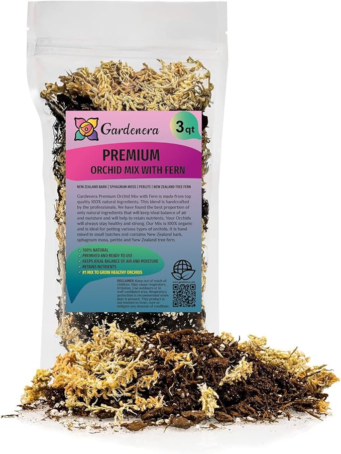 Premium Orchid Mix by GARDENERA | Fern + New Zealand Pine Bark + Sphagnum Moss + Perlite | Best for Growing and Repotting Orchids - 3 Quart Bag