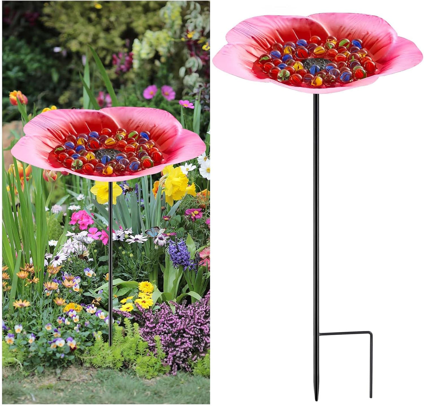 Tandefio Vivid Flower Bee Watering Station Metal Butterfly Water Feeder Cup with 30 Colorful Glass Marbles Bee Feeder Butterfly Bath Bowl for Garden Outdoor Yard Decors(Pink,Flower)