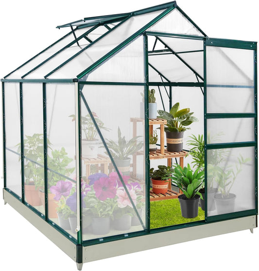 EAGLE PEAK 6x6x7 Outdoor Walk-in Hobby Greenhouse with Adjustable Roof Vent, Rain Gutter, Base and Anchor, Polycarbonate Aluminum Green House for Backyard Garden, Dark Green