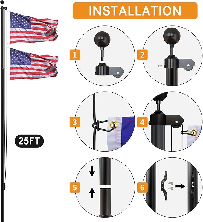 NELXINJO 20FT Sectional Flag Pole Kit, Heavy Duty Aluminum Outdoor In-Ground Flagpole, Black Ball Top, 3x5 USA Flag for Residential commercial Outdoor Garden(20FT, Black)